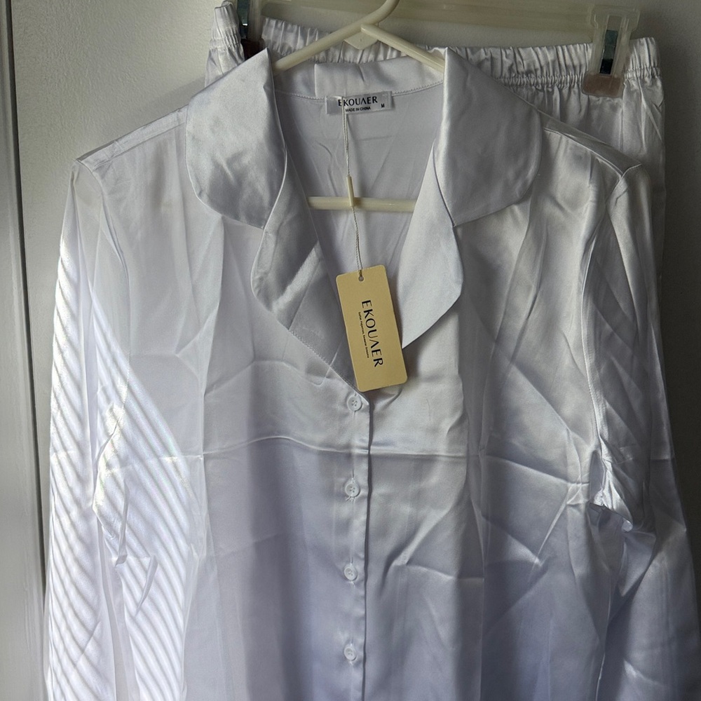 White Satin Pajama Set by Fovlier